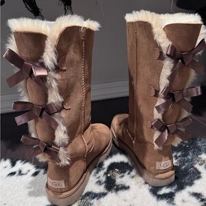 UGG Bailey Bow Tall Tan Boots with Fur and Bows